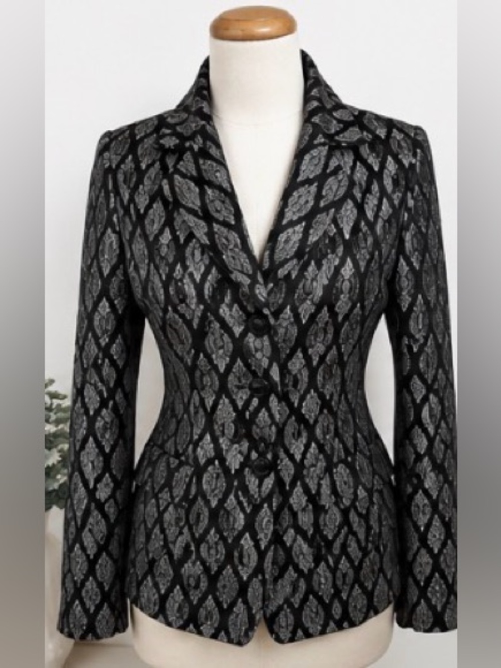 [Renfrew] Black Silver Metallic Jacquard Brocade Lined Blazer Sz 4 $395 Retail
